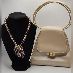 Liz Claiborne Bundle! Iridescent Cream Party Purse & New Multi Colored Necklace
